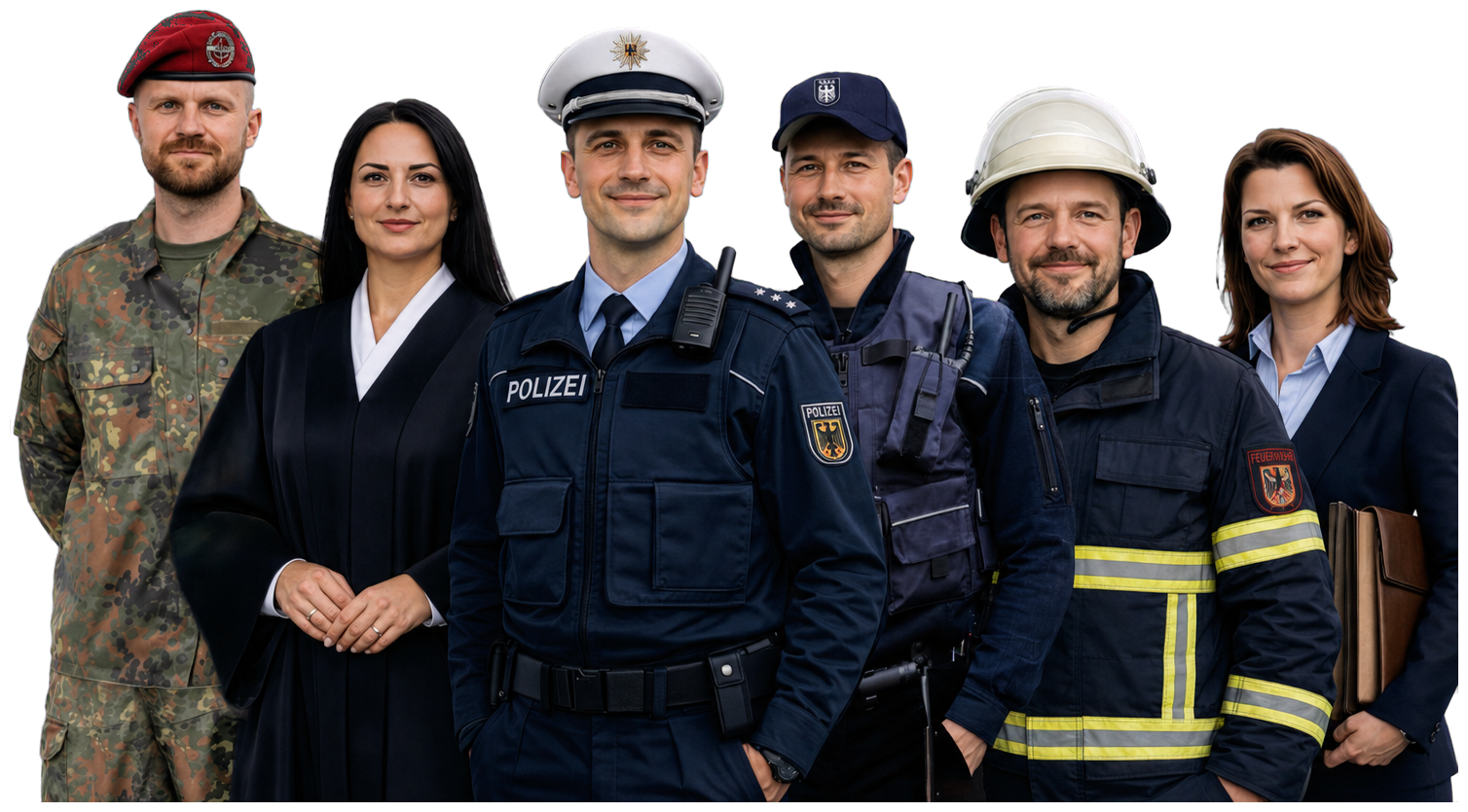 Beamte verschiedener Berufsgruppen: Soldat, Polizist, Feuerwehrmann, Zollbeamter, Verwaltungsbeamte und Juristin