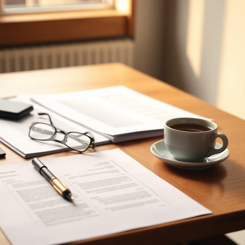 Aufgeräumter Schreibtisch mit Vertragsunterlagen und Kaffee